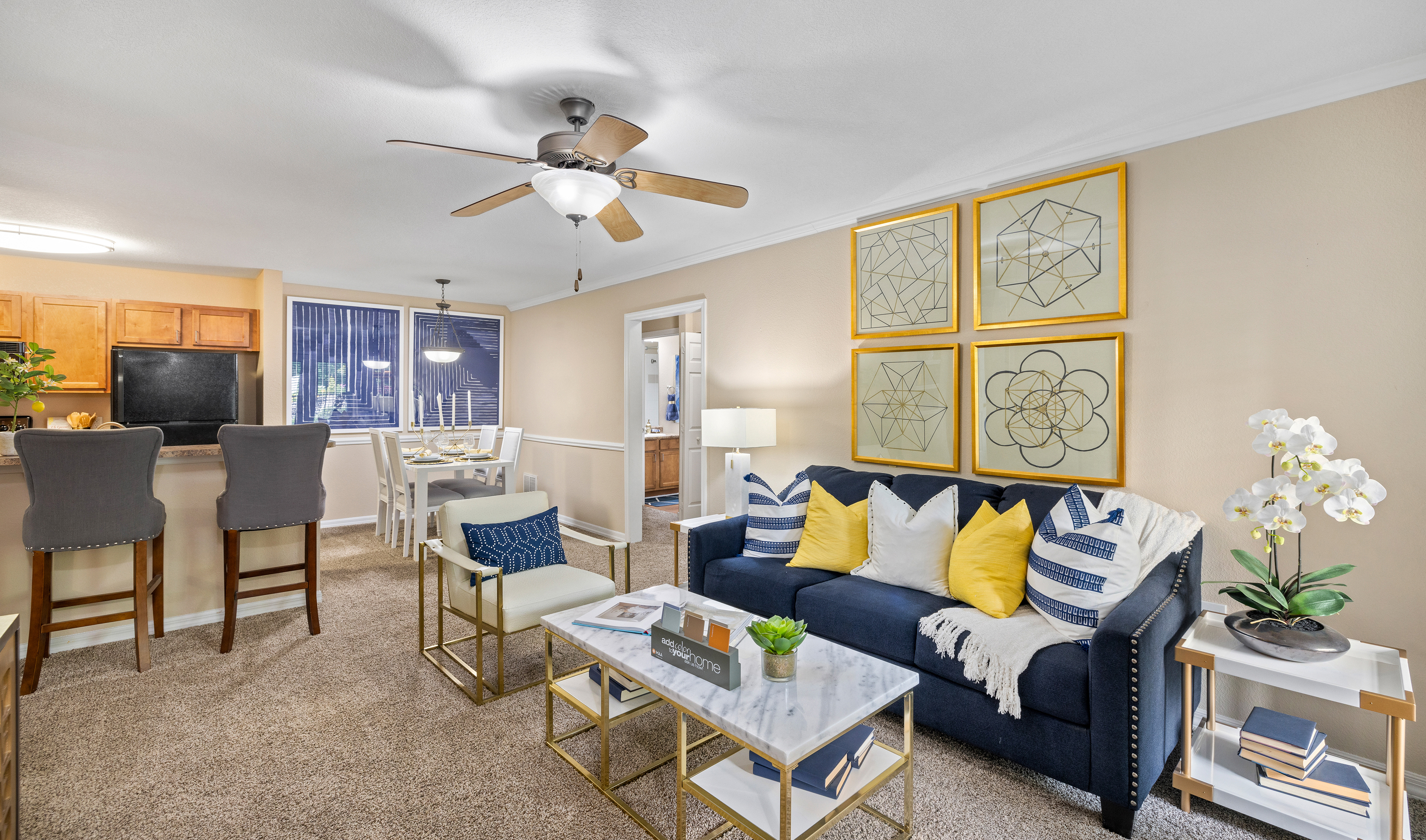 Living room at MAA Prosperity Creek luxury apartment homes in Charlotte, NC