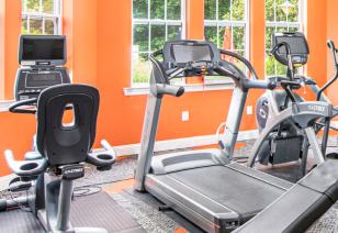 Fitness center with treadmills next to large windows in natural light at MAA Prosperity Creek luxury apartments in Charlotte, NC