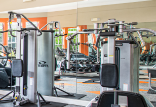 Modern-style fitness center with variety of gym equipment at MAA Prosperity Creek luxury apartments in Charlotte, NC