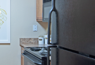 Close up of kitchen with an upgraded gas stove and fridge at MAA Prosperity Creek luxury apartments in Charlotte, NC