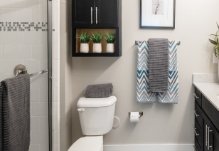 Close up view of bathroom shower doors next to wall mounted cabinet, wall painting and towel rack at MAA Reserve luxury apartments in Charlotte, NC