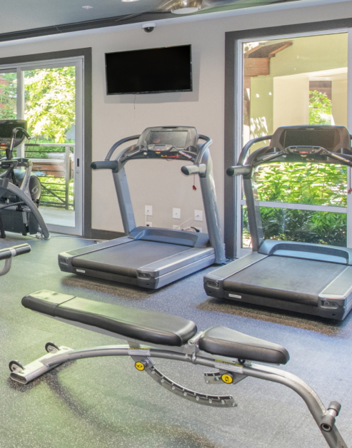 Fitness center with treadmills and incline workout bench in natural light next to large sliding doors with wall mounted TV at MAA Reserve luxury apartments in Charlotte, NC