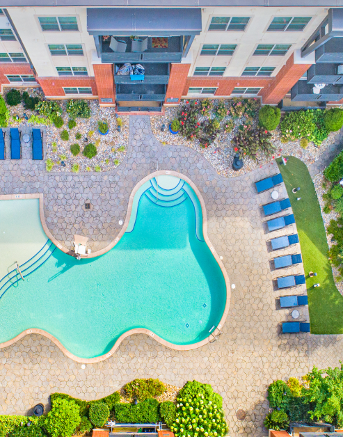 Aerial view of resort-style pool with entrance steps on either sides surrounded by lounge chairs and lush greenery next to the apartment complex at MAA Reserve luxury apartments in Charlotte, NC