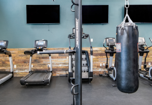 Fitness center with boxing bag and treadmills at MAA Uptown luxury apartments in Charlotte, NC