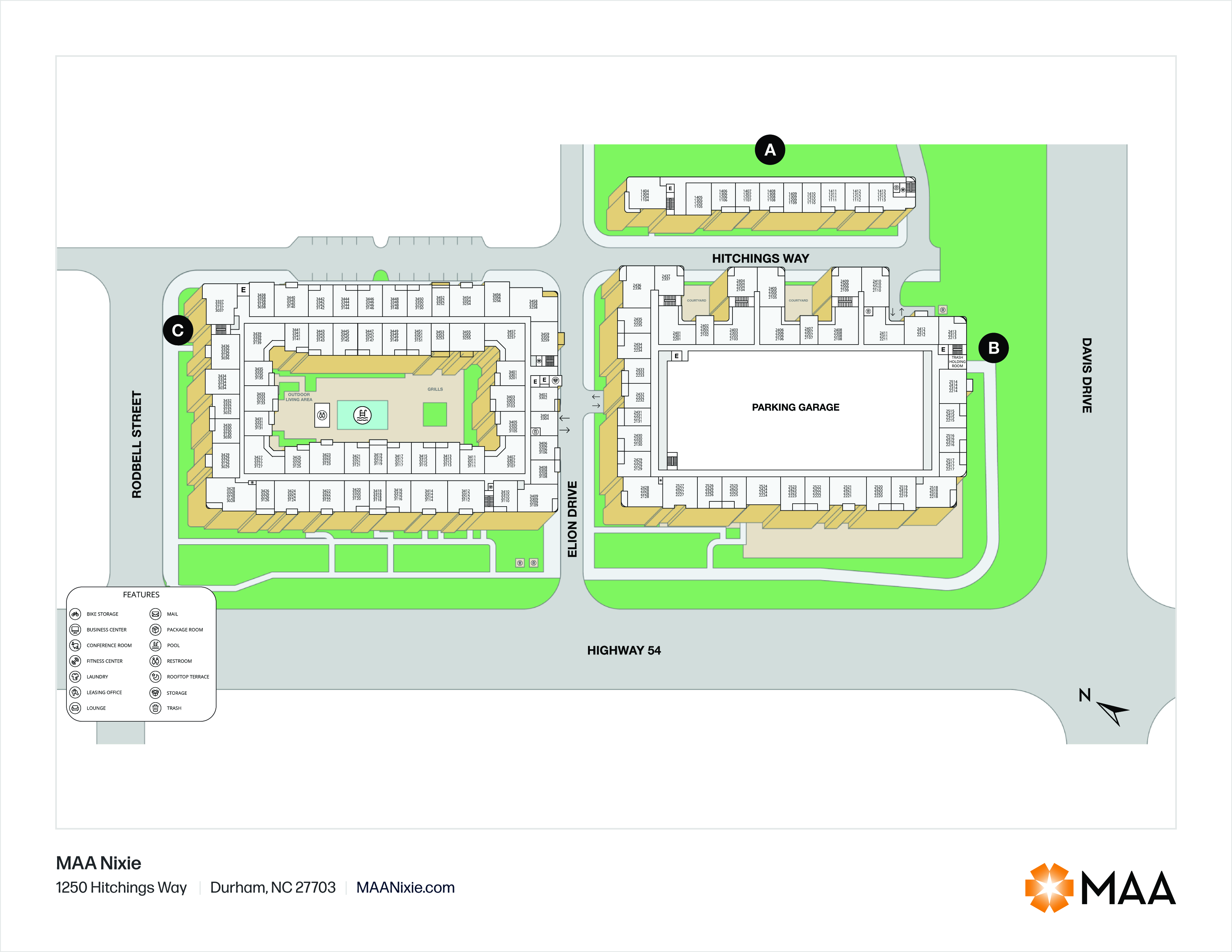Property map of MAA Nixie luxury apartments in Durham, NC