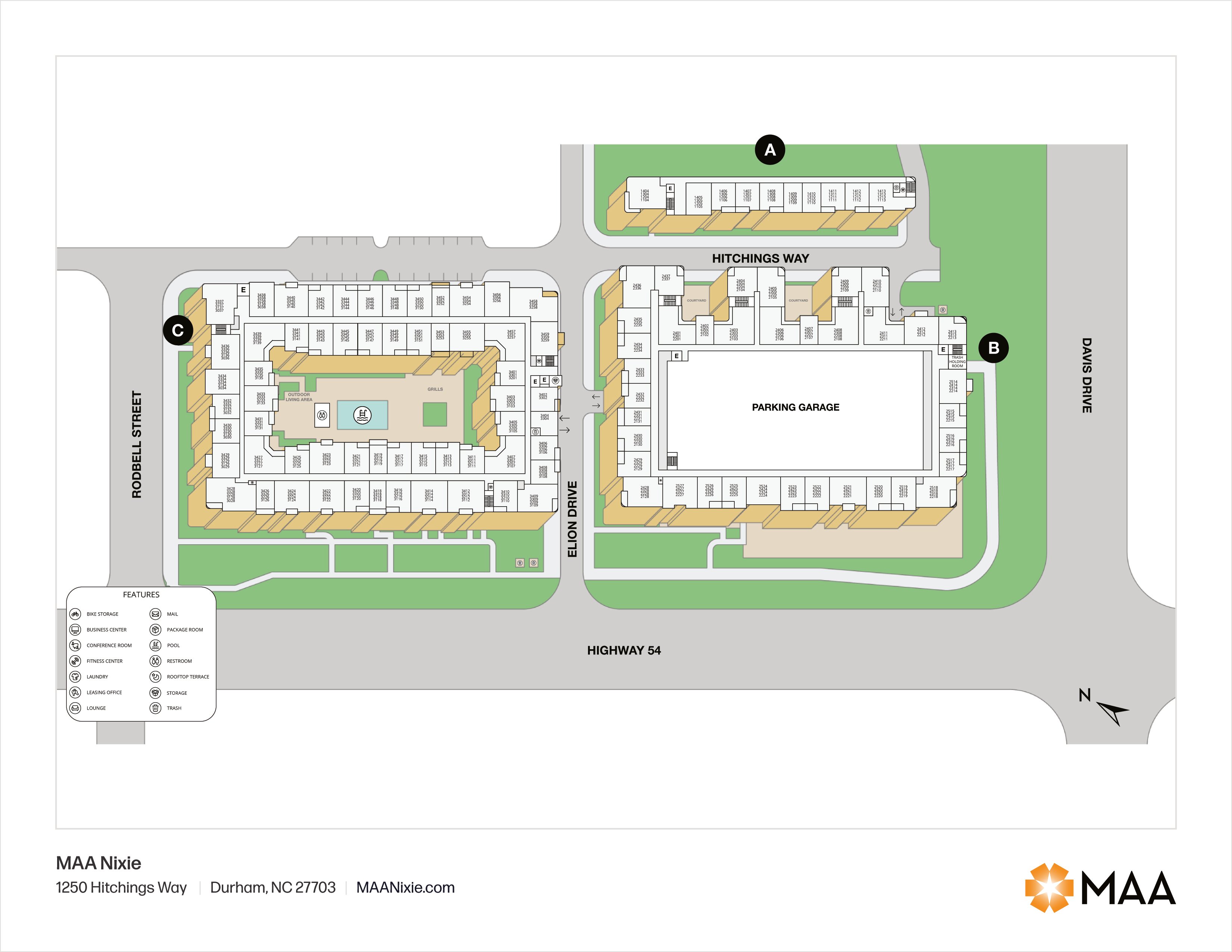 Property map of MAA Nixie luxury apartments in Durham, NC