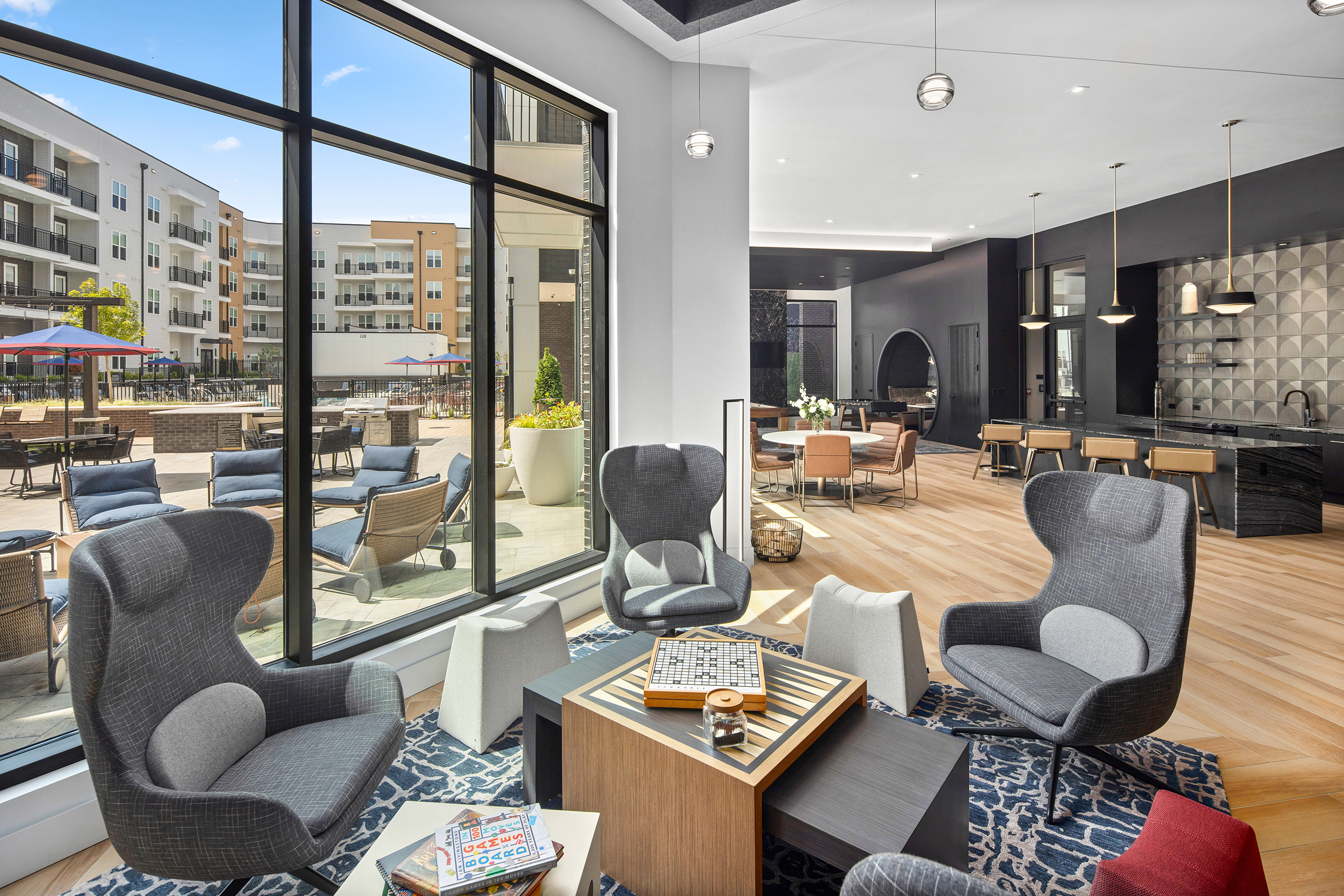 Social lounge game room at MAA Nixie luxury apartment homes in Durham, NC