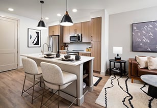 Upscale kitchen with kitchen island, stainless steel appliances, wood cabinets and tiled backsplash on wood floors next to living area at MAA Nixie luxury apartments in Durham, NC