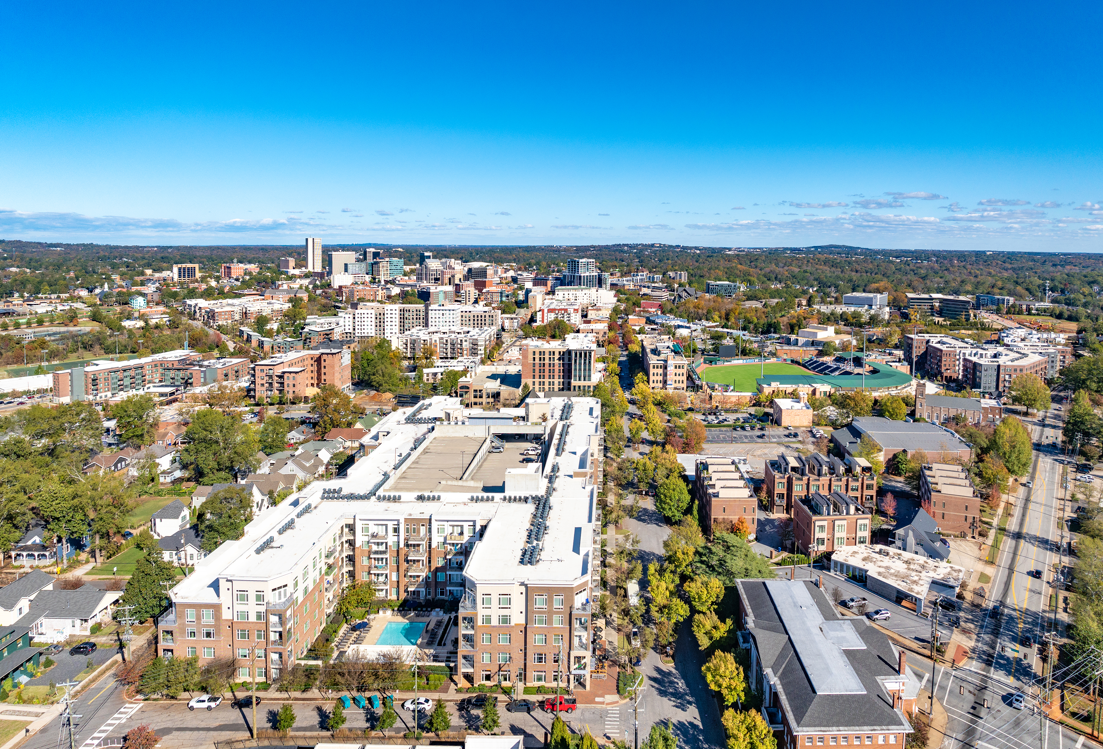 Property aerial at MAA Greene luxury apartment homes in Greenville, SC