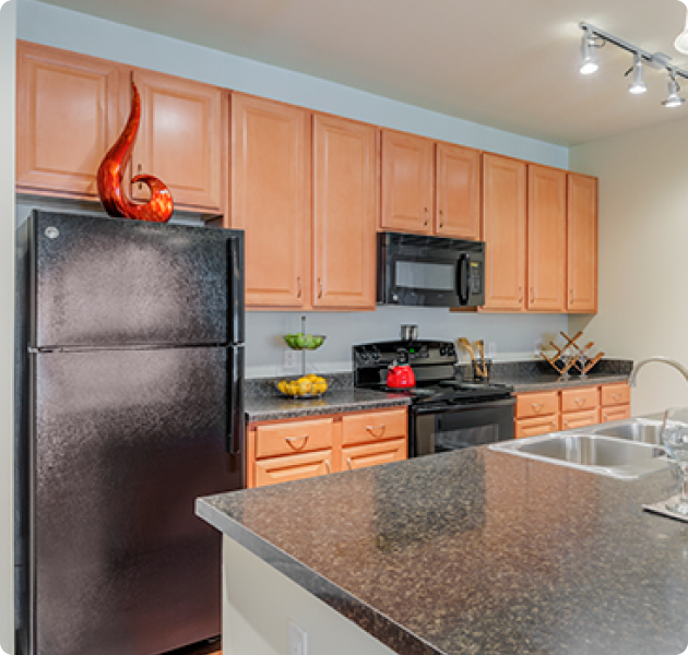 Model apartment kitchen with track lights above countertop with double sink, light brown cabinets with upgraded appliances at MAA Bellevue luxury apartments in Nashville, TN