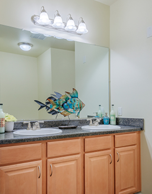 Bathroom with light fixtures above countertop with double vanity sinks and light brown cabinets at MAA Bellevue luxury apartments in Nashville, TN