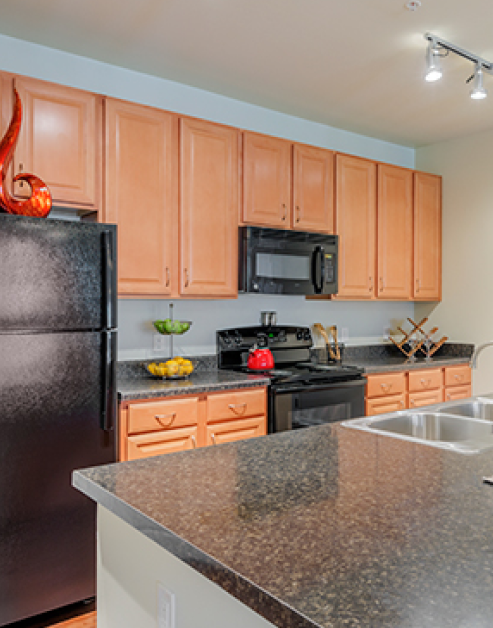 Modern-style kitchen with track lights and dark countertops with light brown cabinets and upgraded appliances at MAA Bellevue luxury apartments in Nashville, TN