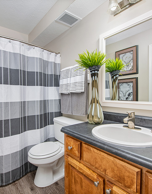 Bathroom with light fixtures above white-framed vanity mirror and sink on dark countertop with wood cabinets and dark wood floors at MAA Brentwood luxury apartments in Nashville, TN