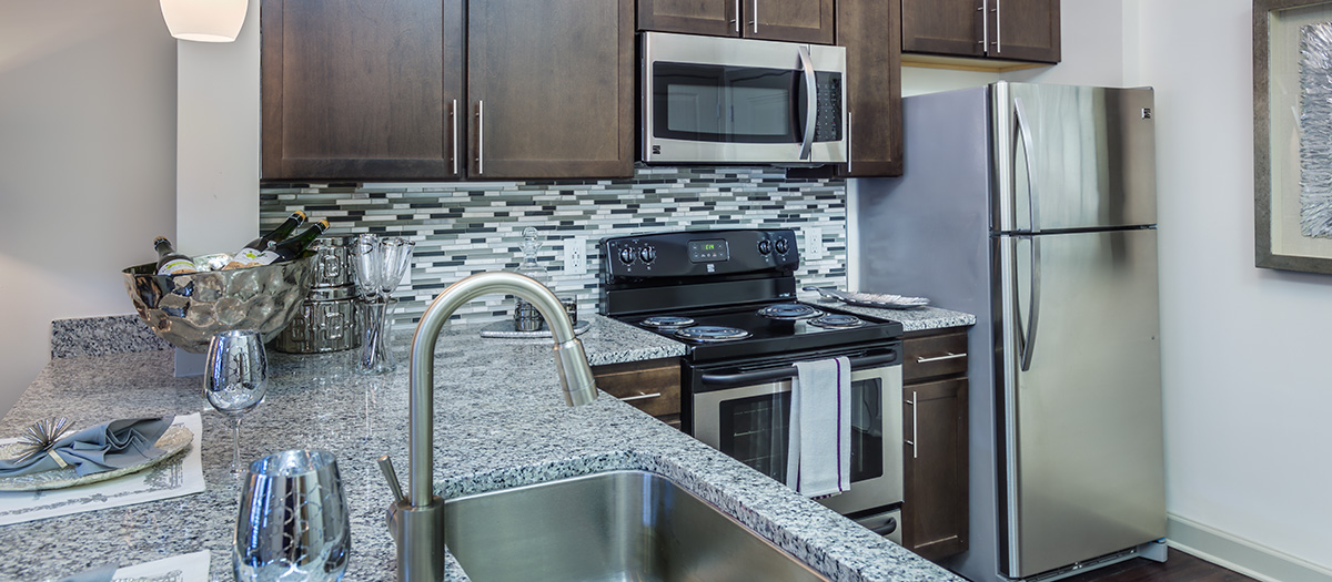 Model Kitchen2 at MAA Charlotte Ave luxury apartment homes in Nashville, TN