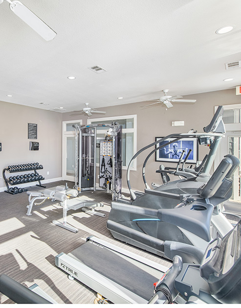 Fitness center with ceiling fans, treadmills and weight machine equipment in natural light at MAA Indian Lake luxury apartments in Hendersonville, TN