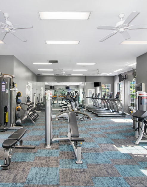 Fitness center with wall mount TVs, treadmills and variety of workout equipment next to a mirrored wall and picture windows at MAA Nashville West luxury apartments in Nashville, TN