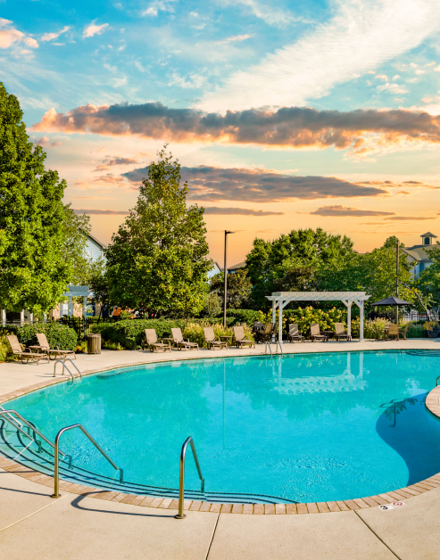 Sparkling pool with entrance steps and metal handrails, lounge chairs surrounded by lush greenery at sunset at MAA Sam Ridley luxury apartments in Smyrna, TN