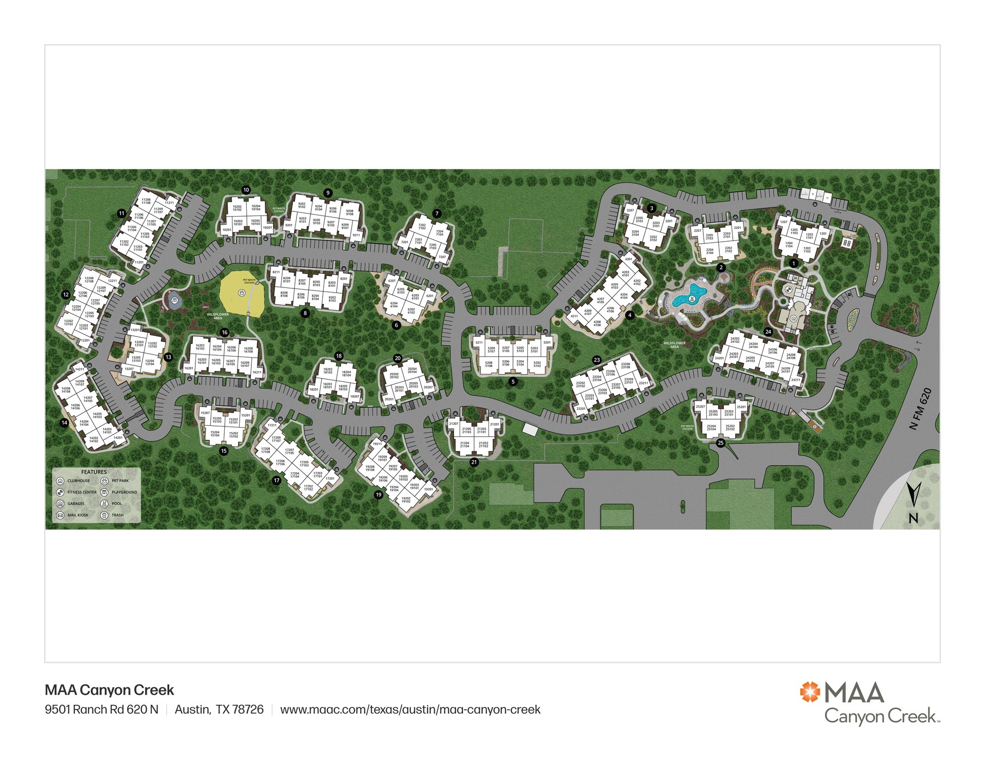 Property map of MAA Canyon Creek luxury apartments in Austin, TX