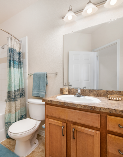 Bathroom with light fixtures above a large vanity mirror over a granite countertop with a sink, and wooden cabinets next to a bathtub at MAA Round Rock luxury apartments in Round Rock, TX.