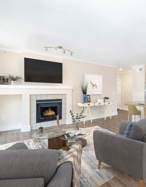 Model living room showcases a warm fireplace, a sleek flat-screen TV, and two modern armchairs at MAA Abbey luxury apartments in Dallas, TX