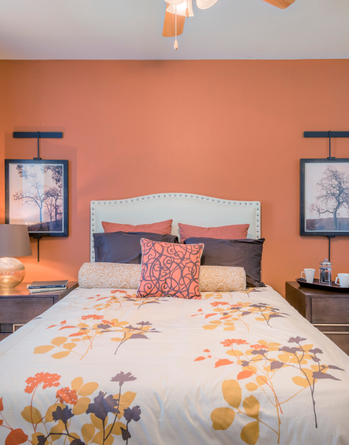 A colorful bedroom featuring accent wall with framed pictures on the wall and two nightstands at MAA Copper Ridge luxury apartment in Roanoke, TX