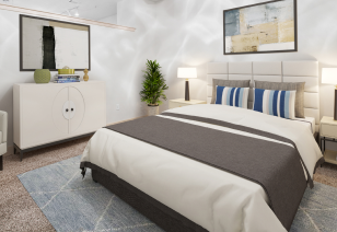 A modern bedroom featuring a sleek white dresser bedroom furniture and wall paintings at MAA Eastside luxury apartments in Richardson, TX