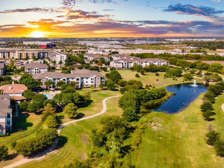 Pond aerial at MAA Fairview luxury apartment homes in Fairview, TX