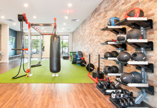 Well equipped fitness center in natural light with free weights and medicine ball racks next to a punching bag at MAA Frisco Bridges luxury apartments in Frisco, TX