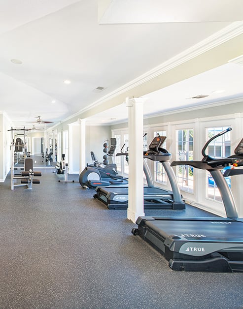Fitness center with vaulted ceiling, fans, and a variety of gym equipment next to large widows at MAA Grapevine luxury apartments in Grapevine, TX