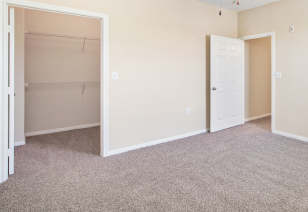 An open-space bedroom with carpeted flooring and a walk-in closet at MAA Hebron luxury apartments in Carrollton, TX