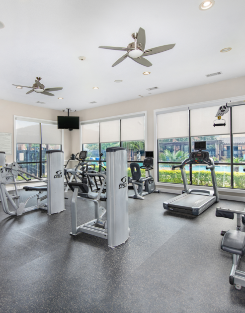 A modern fitness center featuring ceiling fans and a wall-mounted TV, exercise equipment next to large picture windows at MAA Hebron luxury apartments in Carrollton, TX