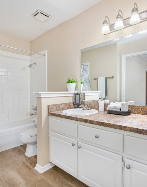 A luxurious bathroom with a large vanity and brown countertops and a spacious bathtub with shower at MAA Highwood luxury apartments in Plano, TX