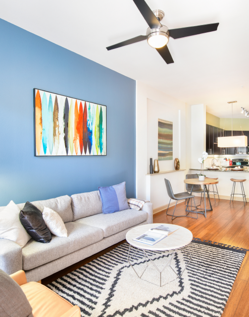 A modern living room featuring a white couch with a round coffee table next to blue accent wall, with a ceiling fan and wood floors at MAA Katy Trail luxury apartments in Dallas, TX
