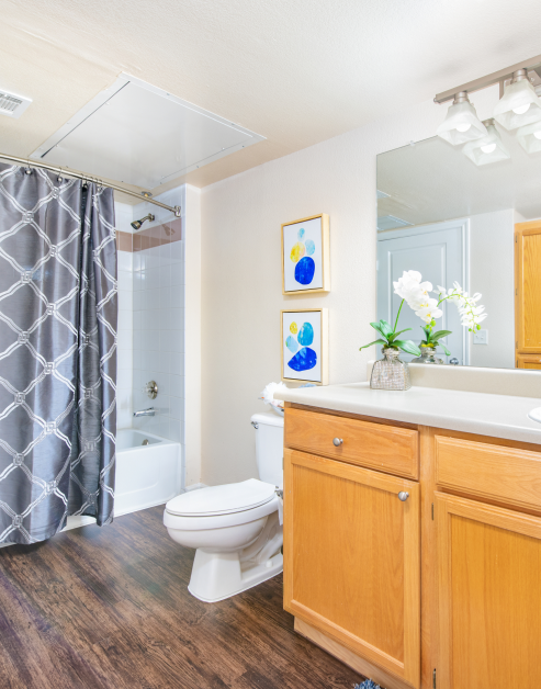 A modern bathroom with tan wood cabinets and a large vanity mirror and decorative wall artwork with dark hardwood floors at MAA Los Rios luxury apartments in Plano, TX