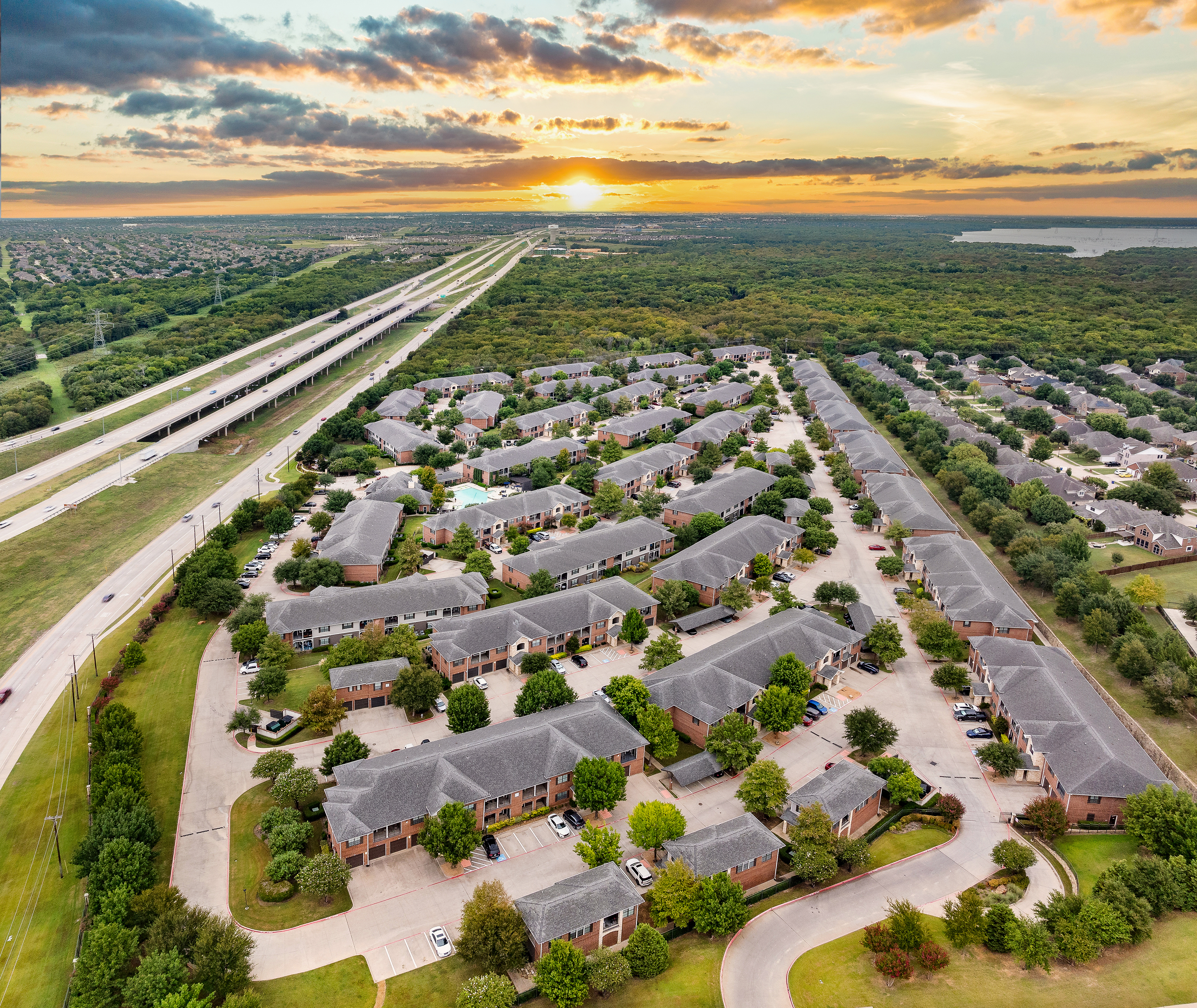 Property aerial at MAA Lowes Farm luxury apartment homes in Mansfield, TX