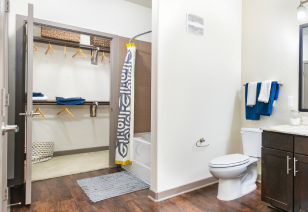 Modern-style wood floor bathroom with bathtub and an open closet clothing rack at MAA Market Center luxury apartments in Plano, TX