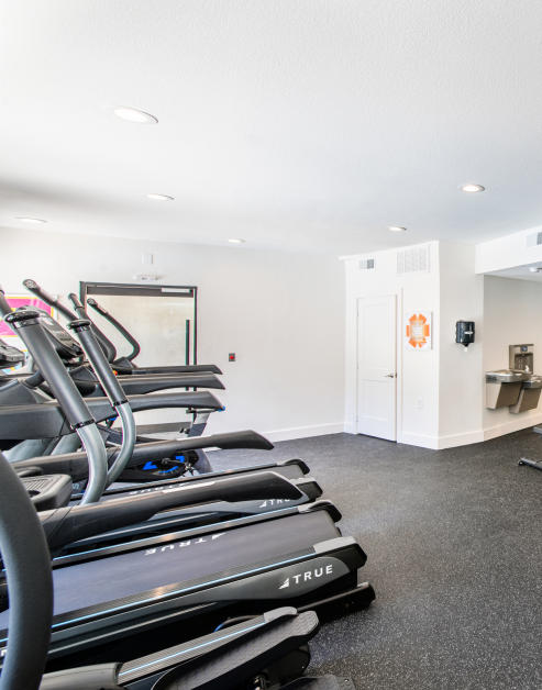A spacious fitness center equipped with treadmills and various exercise machines at MAA McKinney Ave luxury apartments in Dallas, TX