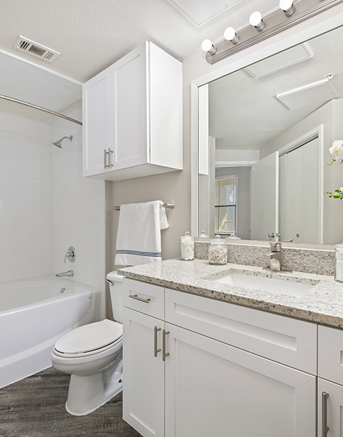 A luxurious bathroom with granite countertop and white cabinets with a large vanity mirror and lighting, overhead cabinets above the toilet with a bathtub at MAA Medical District luxury apartments in Dallas, TX