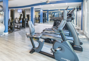 A fitness center equipped with treadmills and various exercise machines, with ceiling fans and large mirrored wall at MAA Medical District luxury apartments in Dallas, TX