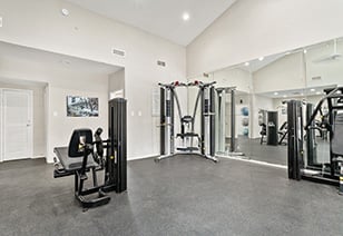 An modern fitness center features weight machine stations next to a studio fitness room with a window at MAA Remington Hills luxury apartments in Irving, TX