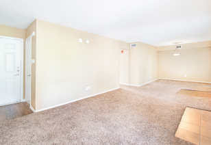 A side view of an open-space living room with carpeted floors at MAA Remington Hills luxury apartments in Irving, TX