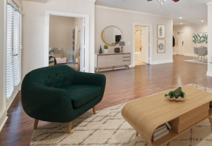 A spacious modern living room with a single dark armchair, wooden coffee table with hardwood flooring at MAA Times Square luxury apartments in McKinney, TX