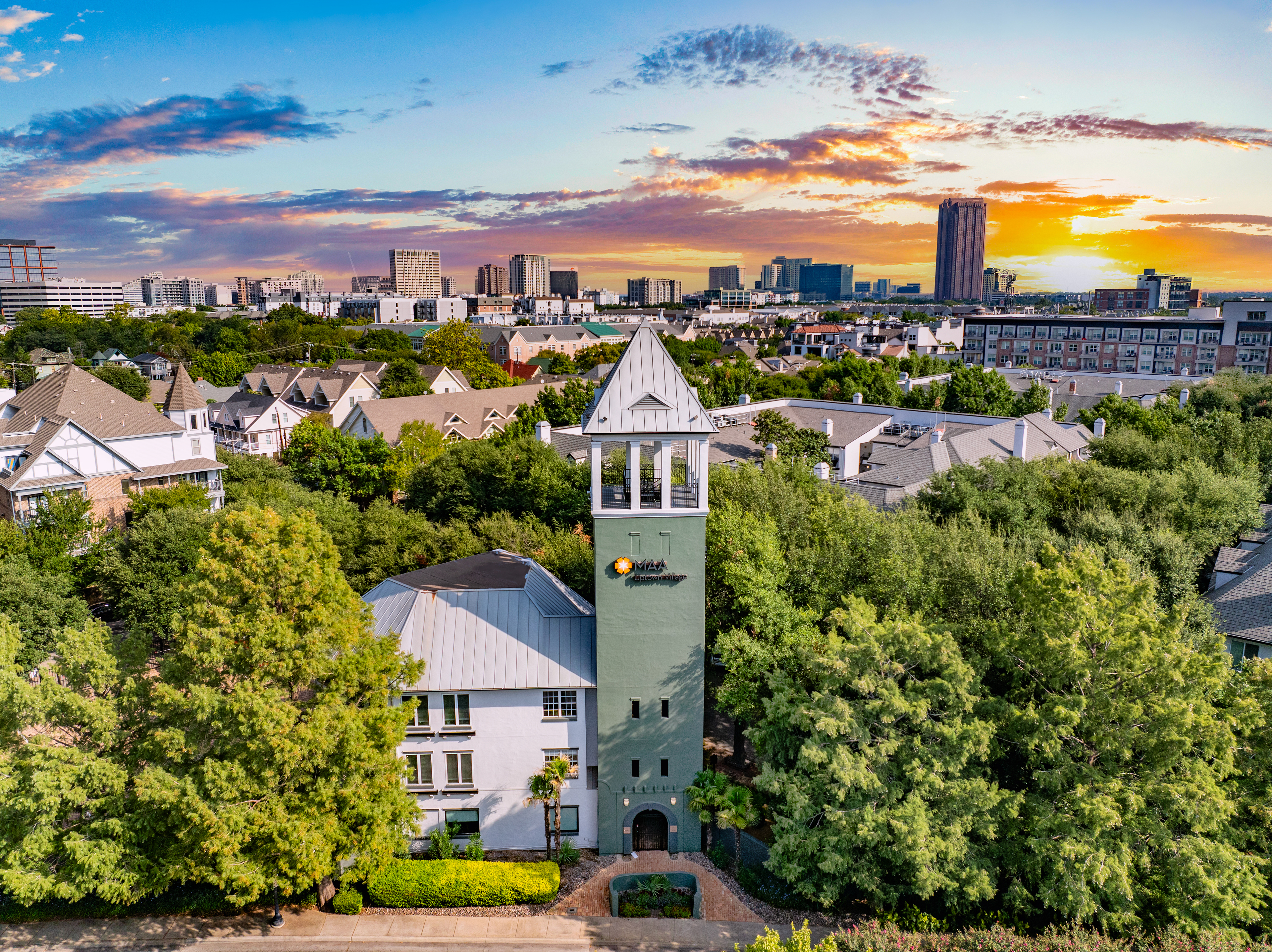 Leasing aerial at MAA Uptown Village luxury apartment homes in Dallas, TX