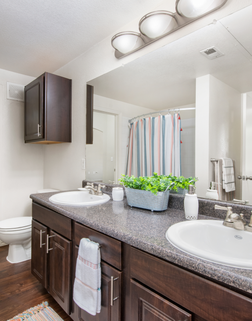 Spacious bathroom with two sinks, dark cabinets, a large vanity mirror and a striped shower curtain in the background at MAA Watermark luxury apartments in Roanoke, TX