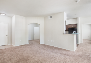 Open space carpeted living room adjacent to a contemporary kitchen at MAA Watermark luxury apartments in Roanoke, TX