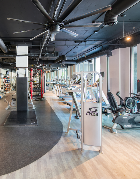 Modern fitness center featuring ceiling fans, treadmills, exercise equipment with hardwood floors at MAA Worthington luxury apartments in Dallas, TX
