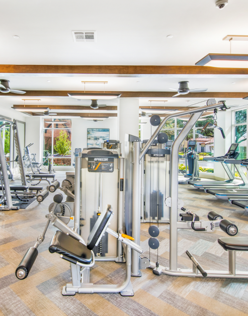24/hr fitness center with ceiling fans, large windows and various exercise machines at MAA Afton Oaks luxury apartments in Houston, TX