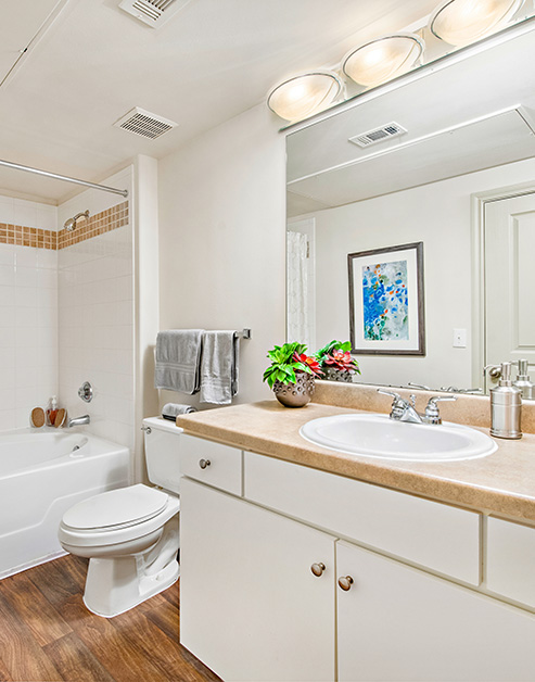 Modern bathroom with light fixtures above large vanity mirror with sink and white cabinets, tiled shower and bathtub on dark wood floors at MAA Fall Creek luxury apartments in Humble, TX