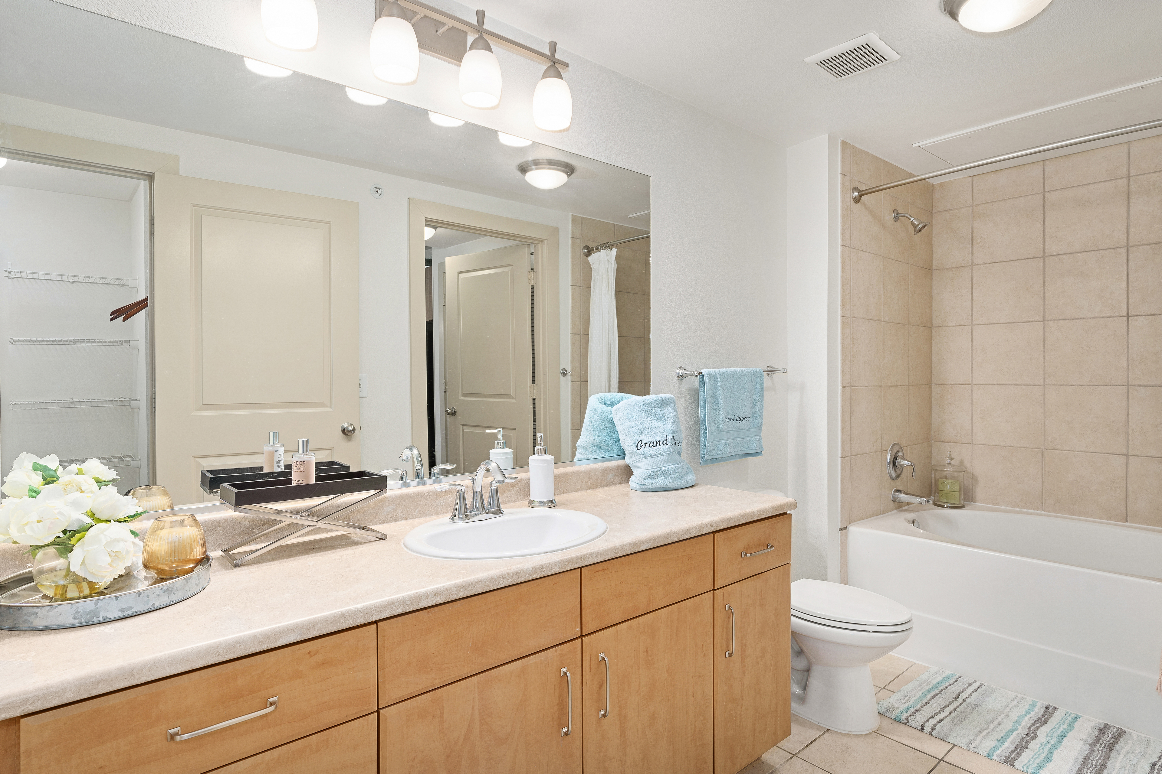Bathroom at MAA Grand Cypress luxury apartment homes in Cypress, TX