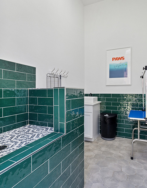 Dog wash area with glossy dark green tiles and framed artwork on the walls and tile floors at MAA Grand Cypress luxury apartments in Cypress, TX